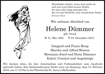 Anzeige von Helene Dümmer von Kölner Stadt-Anzeiger / Kölnische Rundschau / Express