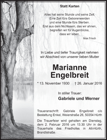 Anzeige von Marianne Engelbreit von  Sonntags-Post 