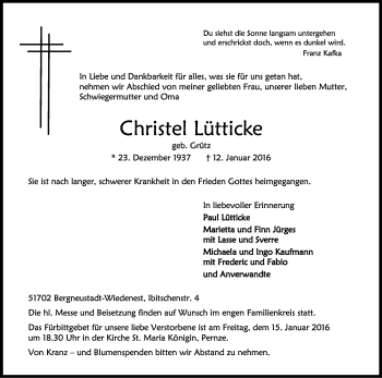 Anzeige von Christel Lütticke von Kölner Stadt-Anzeiger / Kölnische Rundschau / Express