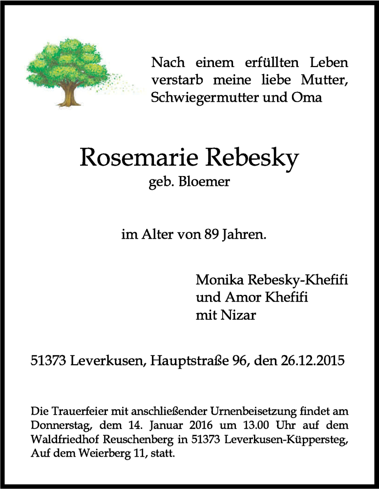  Traueranzeige für Rosemarie Rebesky vom 09.01.2016 aus Kölner Stadt-Anzeiger / Kölnische Rundschau / Express