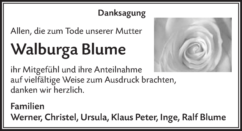  Traueranzeige für Walburga Blume vom 06.01.2016 aus  Lokalanzeiger 