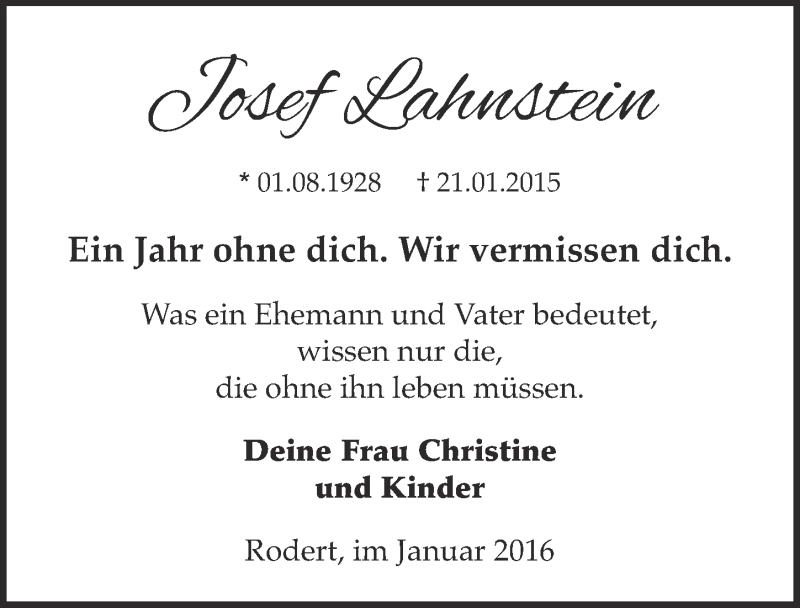  Traueranzeige für Josef Lahnstein vom 24.01.2016 aus  Blickpunkt Euskirchen 