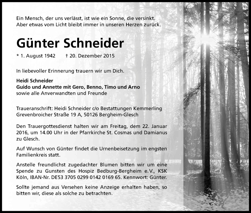  Traueranzeige für Günter Schneider vom 09.01.2016 aus Kölner Stadt-Anzeiger / Kölnische Rundschau / Express