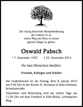 Anzeige von Oswald Pabsch von Kölner Stadt-Anzeiger / Kölnische Rundschau / Express