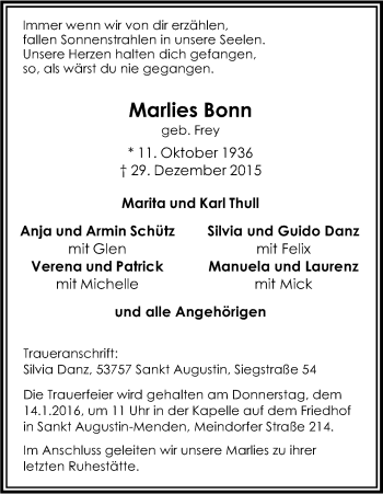 Anzeige von Marlies Bonn von Kölner Stadt-Anzeiger / Kölnische Rundschau / Express