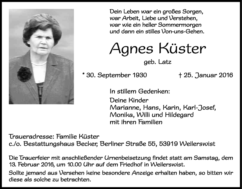  Traueranzeige für Agnes Küster vom 30.01.2016 aus Kölner Stadt-Anzeiger / Kölnische Rundschau / Express