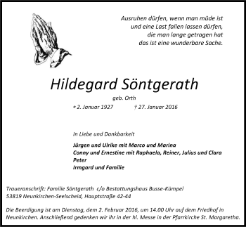 Anzeige von Hildegard Söntgerath von Kölner Stadt-Anzeiger / Kölnische Rundschau / Express
