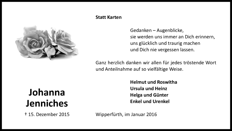  Traueranzeige für Johanna Jenniches vom 23.01.2016 aus Kölner Stadt-Anzeiger / Kölnische Rundschau / Express