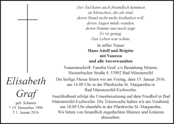 Anzeige von Elisabeth Graf von  Blickpunkt Euskirchen 