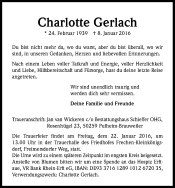 Anzeige von Charlotte Gerlach von Kölner Stadt-Anzeiger / Kölnische Rundschau / Express
