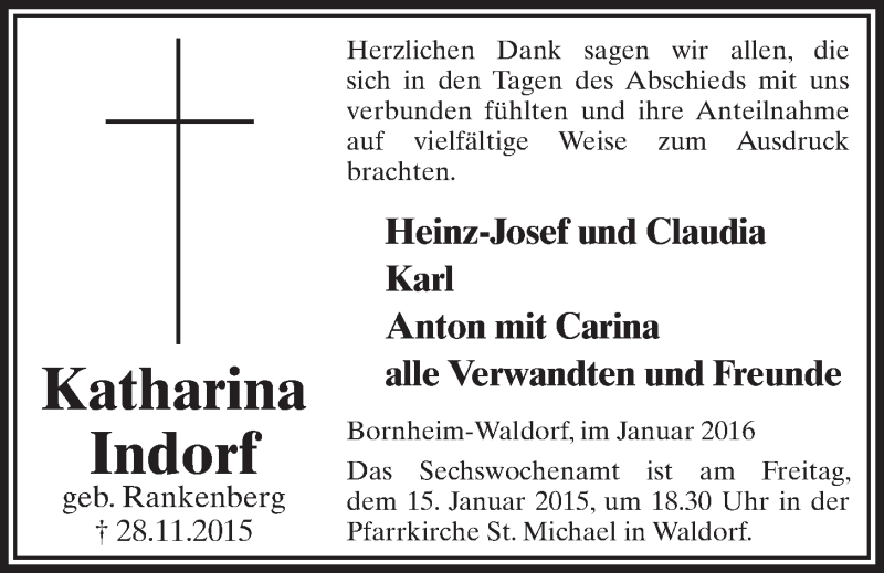 Traueranzeige für Katharina Indorf vom 06.01.2016 aus  Schaufenster/Blickpunkt  Schlossbote/Werbekurier 