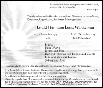 Anzeige von Harald Hermann Louis Wankelmuth von Kölner Stadt-Anzeiger / Kölnische Rundschau / Express