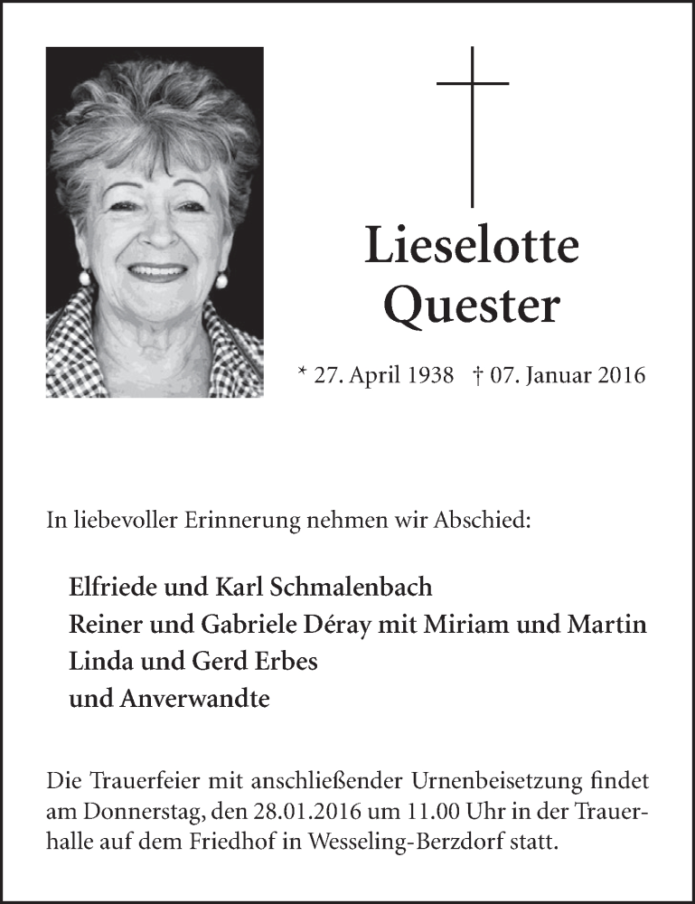  Traueranzeige für Lieselotte Quester vom 27.01.2016 aus  Schlossbote/Werbekurier 