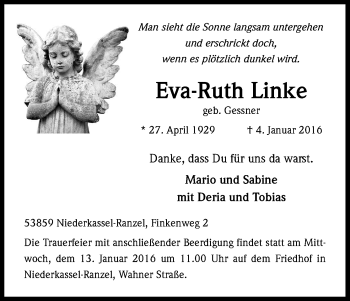 Anzeige von Eva-Ruth Linke von Kölner Stadt-Anzeiger / Kölnische Rundschau / Express
