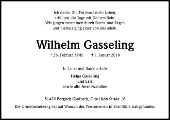 Anzeige von Wilhelm Gasseling von Kölner Stadt-Anzeiger / Kölnische Rundschau / Express