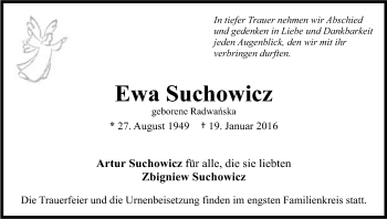 Anzeige von Ewa Suchowicz von Kölner Stadt-Anzeiger / Kölnische Rundschau / Express
