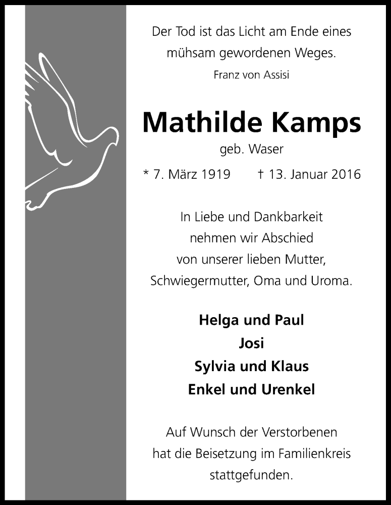  Traueranzeige für Mathilde Kamps vom 30.01.2016 aus Kölner Stadt-Anzeiger / Kölnische Rundschau / Express