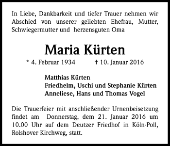 Anzeige von Maria Kürten von Kölner Stadt-Anzeiger / Kölnische Rundschau / Express