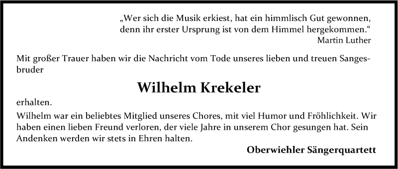  Traueranzeige für Wilhelm Krekeler vom 06.01.2016 aus Kölner Stadt-Anzeiger / Kölnische Rundschau / Express