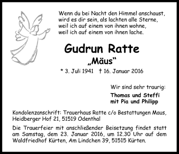 Anzeige von Gudrun Ratte von Kölner Stadt-Anzeiger / Kölnische Rundschau / Express