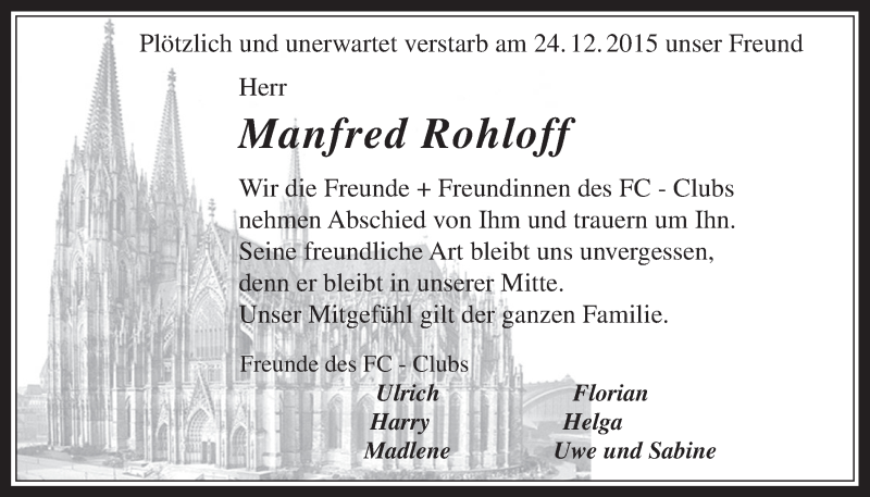  Traueranzeige für Manfred Rohloff vom 06.01.2016 aus  Wochenende 