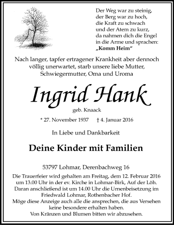 Anzeige von Ingrid Hank von Kölner Stadt-Anzeiger / Kölnische Rundschau / Express