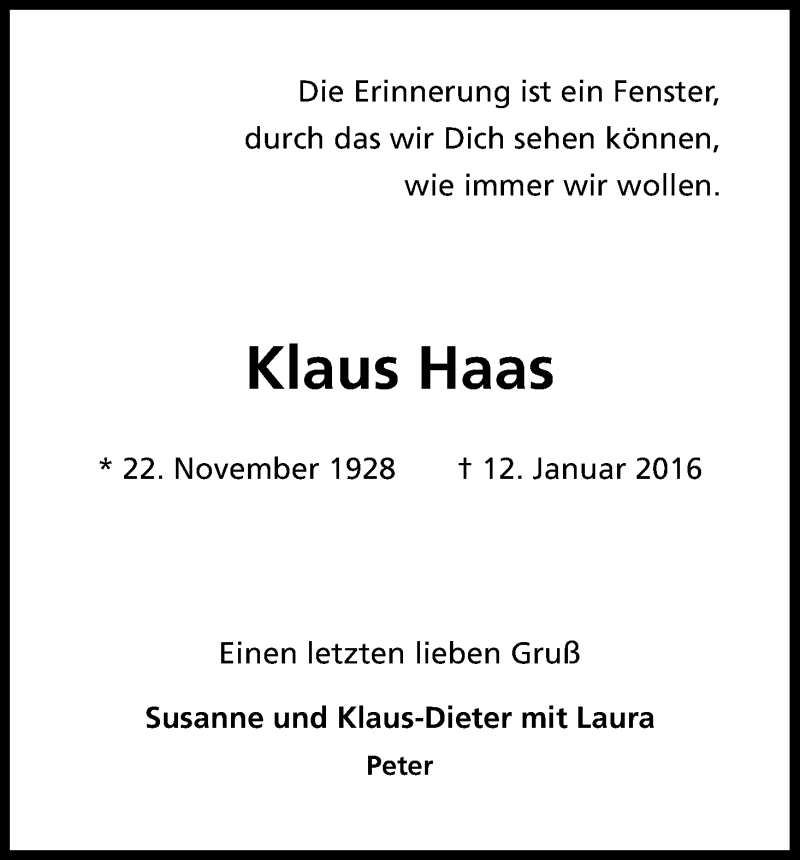  Traueranzeige für Klaus Haas vom 27.01.2016 aus Kölner Stadt-Anzeiger / Kölnische Rundschau / Express
