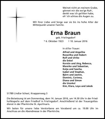 Anzeige von Erna Braun von Kölner Stadt-Anzeiger / Kölnische Rundschau / Express