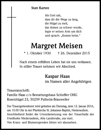Anzeige von Margret Meisen von Kölner Stadt-Anzeiger / Kölnische Rundschau / Express