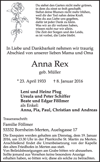 Anzeige von Anna Rex von  Schlossbote/Werbekurier 