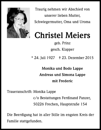 Anzeige von Christel Meiers von Kölner Stadt-Anzeiger / Kölnische Rundschau / Express