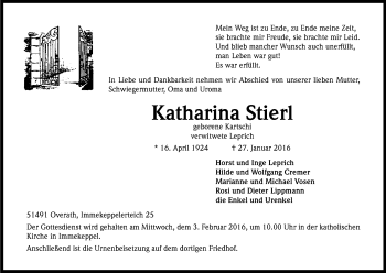 Anzeige von Katharina Stierl von Kölner Stadt-Anzeiger / Kölnische Rundschau / Express