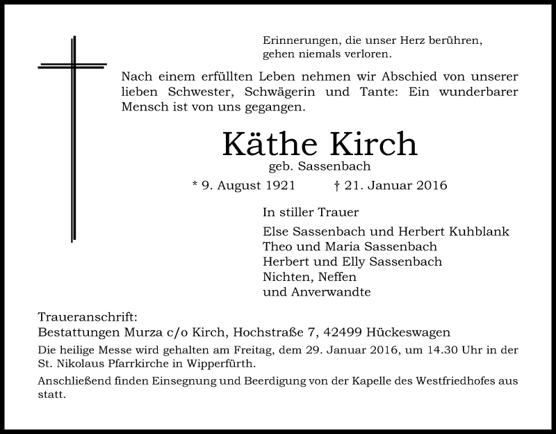  Traueranzeige für Käthe Kirch vom 26.01.2016 aus Kölner Stadt-Anzeiger / Kölnische Rundschau / Express