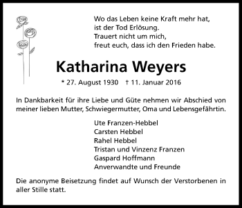 Anzeige von Katharina Weyers von Kölner Stadt-Anzeiger / Kölnische Rundschau / Express