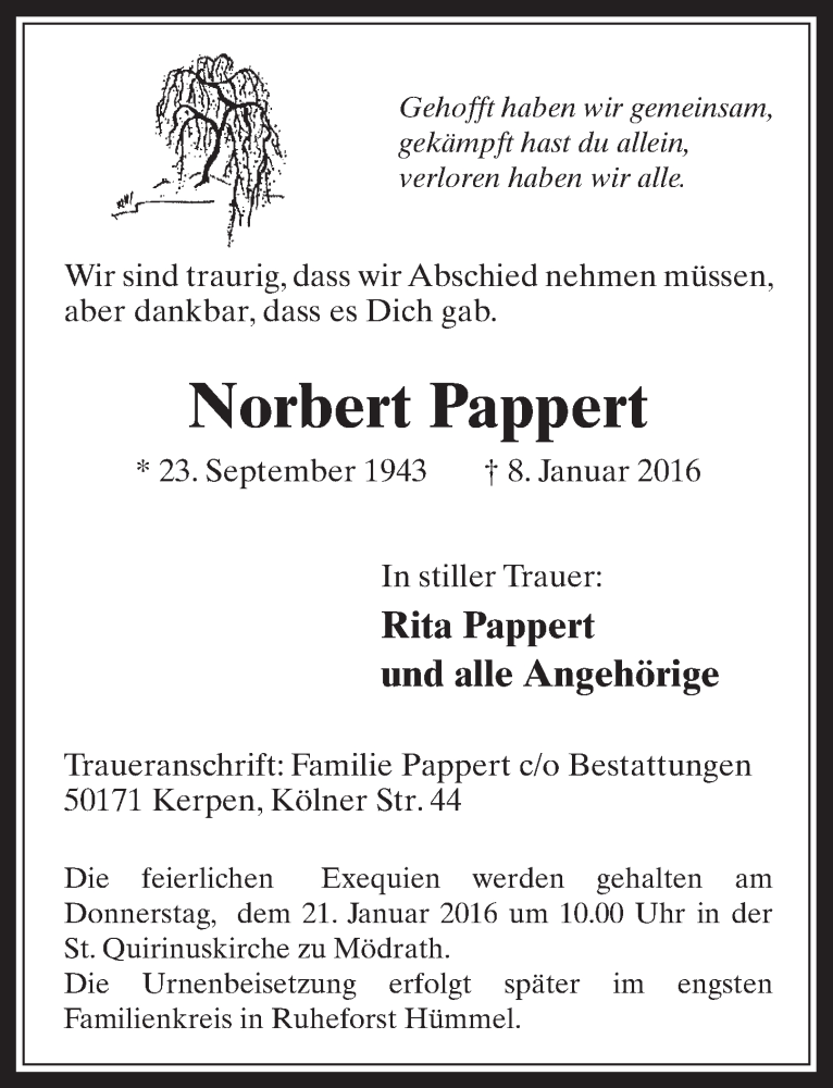  Traueranzeige für Norbert Pappert vom 20.01.2016 aus  Werbepost 