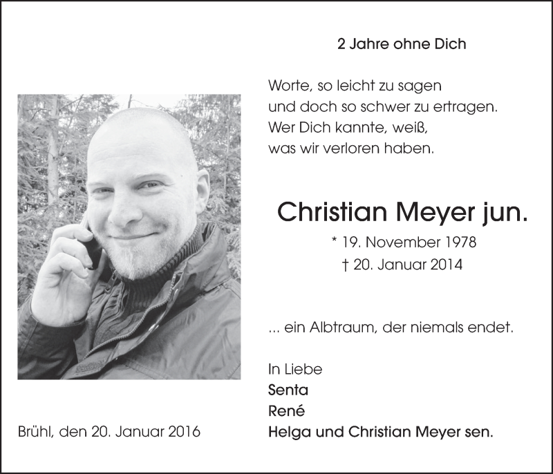  Traueranzeige für Christian Meyer vom 20.01.2016 aus  Schlossbote/Werbekurier 