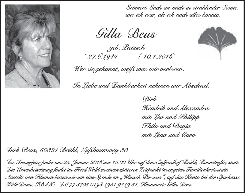  Traueranzeige für Gilla Beus vom 20.01.2016 aus  Schlossbote/Werbekurier 