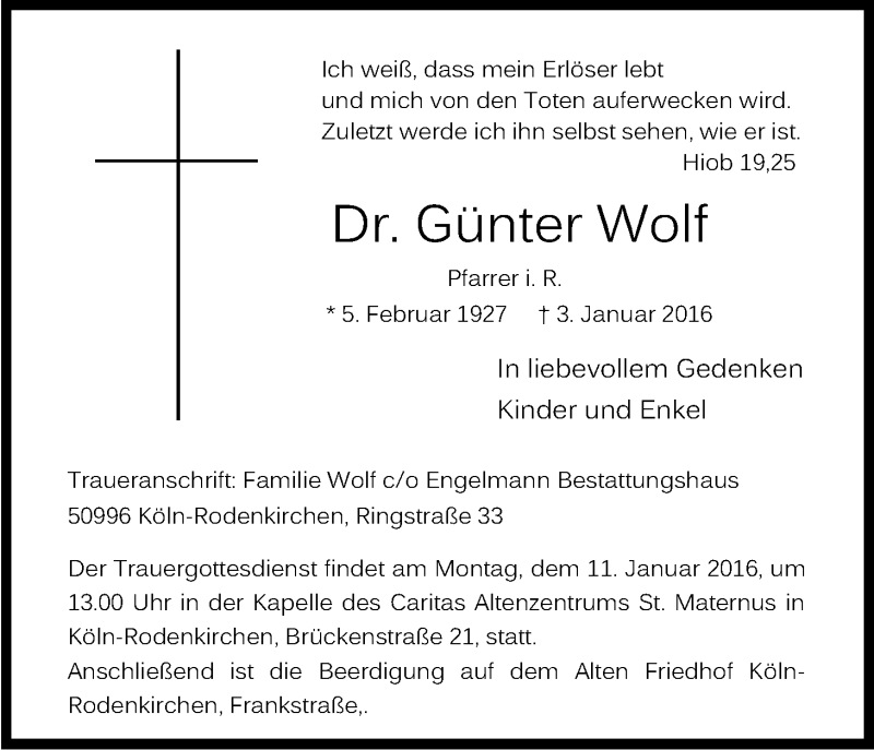  Traueranzeige für Günter Wolf vom 07.01.2016 aus Kölner Stadt-Anzeiger / Kölnische Rundschau / Express