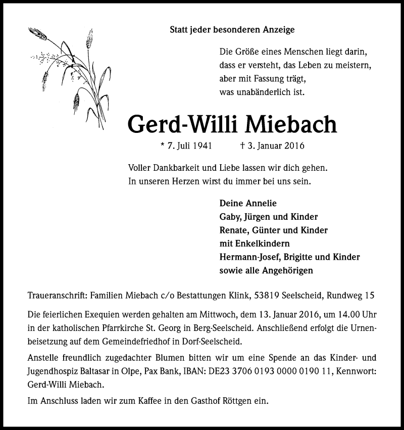  Traueranzeige für Gerd-Willi Miebach vom 09.01.2016 aus Kölner Stadt-Anzeiger / Kölnische Rundschau / Express