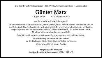 Anzeige von Günter Marx von Kölner Stadt-Anzeiger / Kölnische Rundschau / Express
