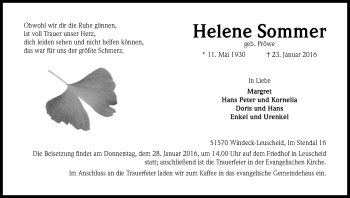Anzeige von Helene Sommer von Kölner Stadt-Anzeiger / Kölnische Rundschau / Express