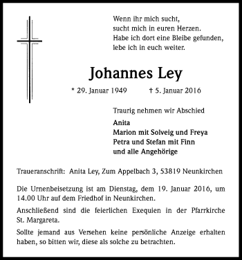 Anzeige von Johannes Ley von Kölner Stadt-Anzeiger / Kölnische Rundschau / Express