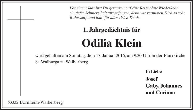  Traueranzeige für Odilia Klein vom 13.01.2016 aus  Schlossbote/Werbekurier 