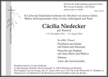 Anzeige von Cäcilia Niedecker von  Extra Blatt 