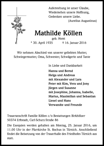 Anzeige von Mathilde Köllen von Kölner Stadt-Anzeiger / Kölnische Rundschau / Express