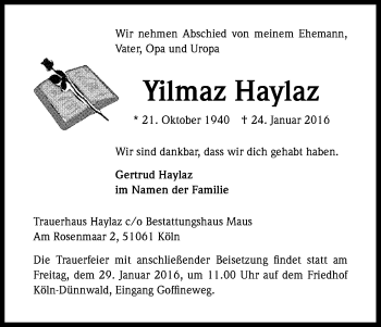 Anzeige von Yilmaz Haylaz von Kölner Stadt-Anzeiger / Kölnische Rundschau / Express