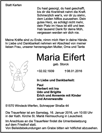 Anzeige von Maria Eifert von  Extra Blatt 