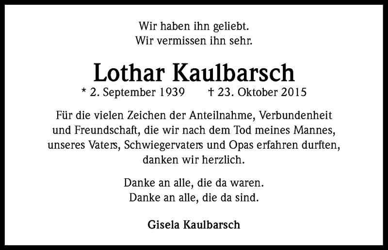  Traueranzeige für Lothar Kaulbarsch vom 23.01.2016 aus Kölner Stadt-Anzeiger / Kölnische Rundschau / Express