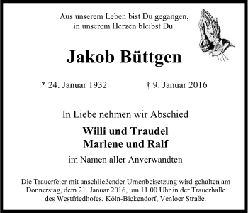 Anzeige von Jakob Büttgen von Kölner Stadt-Anzeiger / Kölnische Rundschau / Express