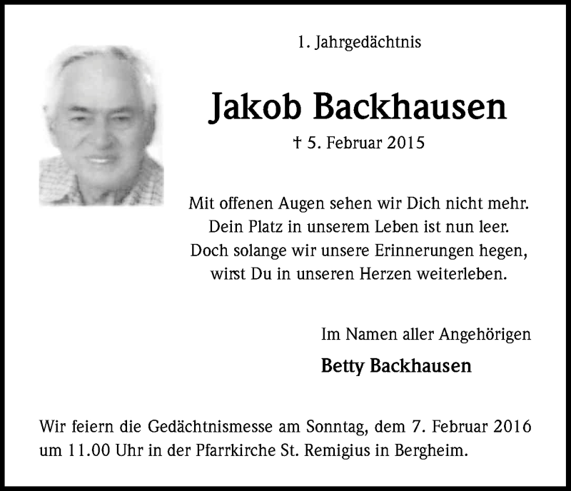  Traueranzeige für Jakob Backhausen vom 30.01.2016 aus Kölner Stadt-Anzeiger / Kölnische Rundschau / Express